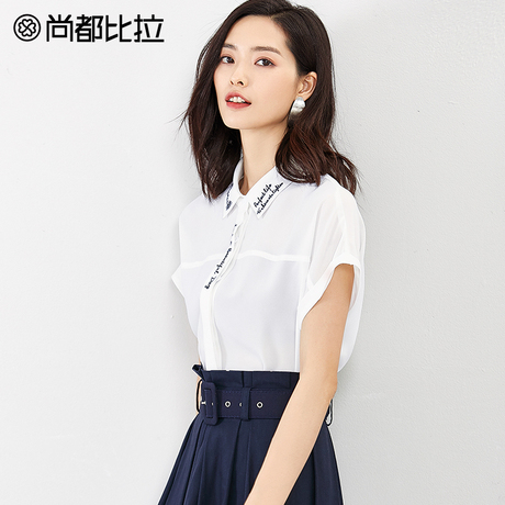 【惠】雪纺衬衫方领撞色刺绣宽松半袖上衣气质熟女小衫2018夏装商品大图