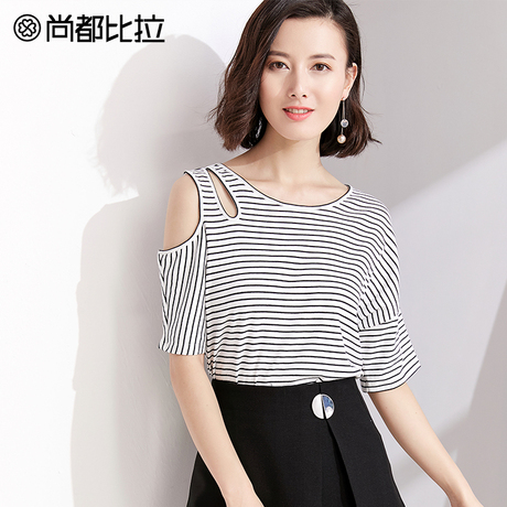 【惠】简约减龄女上衣显瘦体恤衫夏天时尚条纹性感漏肩t恤短袖商品大图