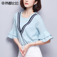 【惠】2018夏雪纺短袖女夏上衣遮肚子雪纺衫圆领荷叶五分袖小衫图片