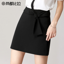 尚都比拉短裙女秋季2018新款时尚腰部打结a字裙裙黑色显瘦半身裙图片