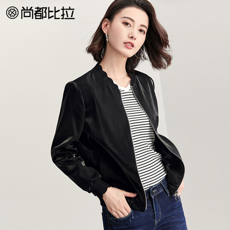尚都比拉2018新款秋装时尚花边立领拉链圆扣简约纯色长袖短外套女商品大图