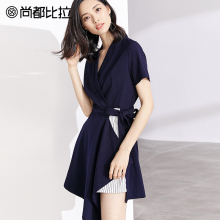 【惠】不规则拼接条纹连衣裙气质V领短袖中裙收腰显瘦夏天裙子图片
