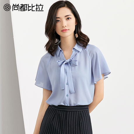 【惠】方领系带蝴蝶结雪纺衬衫荷叶袖短袖衬衣时尚轻熟女上衣夏商品大图