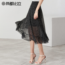 尚都比拉半身裙女2018新款秋装港味时尚不规则裙摆荷叶边格子裙女图片