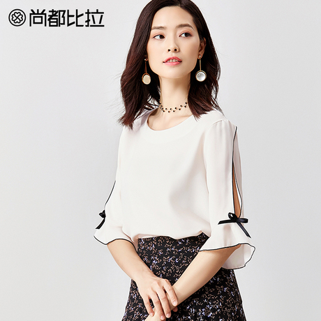 尚都比拉秋装女2018新款宽松遮肚子雪纺衫女七分袖蝴蝶结洋气上衣商品大图