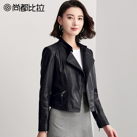 尚都比拉2018秋新款帅气纯色皮衣时尚斜翻领金属拉链长袖短款外套商品大图