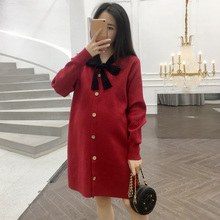 孕妇装冬装连衣裙2018新款时尚领口系带针织上衣气质单排扣孕妇裙