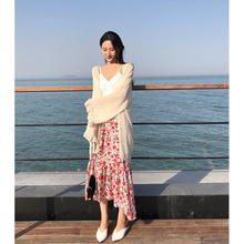 高腰碎花荷叶边开叉半身裙 防晒开衫 夏韩国度假风抽褶吊带 PPSHD