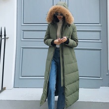 雅鹿2018冬装新款 时尚森女加长款羽绒服厚 韩版修身大毛领风衣绿图片