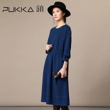 Pukka蒲牌羊毛呢长袖连衣裙女原创设计大码女装秋冬装女2018新款图片