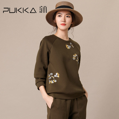 Pukka蒲牌棉质绣花卫衣外套女原创设计大码女装秋冬装女2018新款商品大图