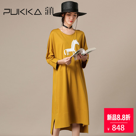 Pukka蒲牌全棉绣花连衣裙女原创设计大码女装2018秋装新款商品大图