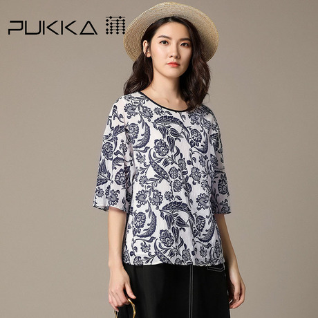 Pukka蒲牌印花棉套头衬衫女原创设计大码女装夏装2018新款女商品大图