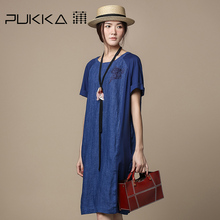 Pukka/蒲牌2018夏装新款原创设计女装拼接绣花亚麻短袖连衣裙图片