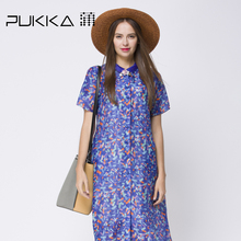 Pukka蒲牌真丝麻印花连衣裙女原创设计女装夏装2018新款女图片