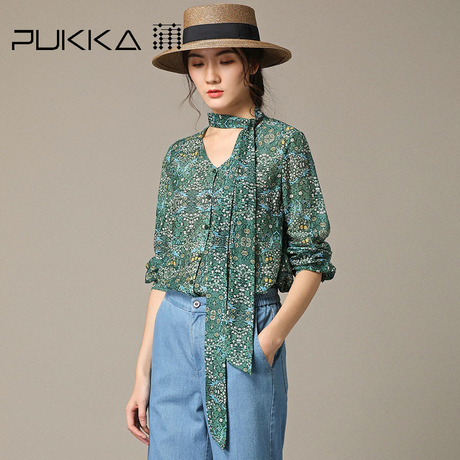 Pukka蒲牌真丝棉印花系带衬衫女原创设计大码女装2018秋装新款商品大图