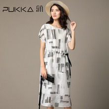 Pukka蒲牌天丝亚麻印花连衣裙女短袖原创设计女装夏装2018新款女图片