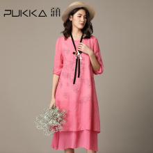 Pukka蒲牌苎麻绣花拼接连衣裙女原创设计大码女装秋装2018新款女图片