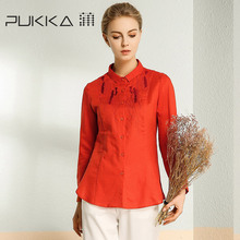 Pukka/蒲牌2018春装新款原创设计女装翻领刺绣亚麻长袖衬衫图片