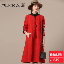 Pukka蒲牌提花棉长袖连衣裙女原创设计大码女装2018秋装新款图片