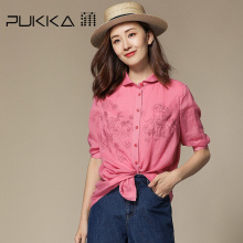 Pukka蒲牌苎麻刺绣七分袖衬衫女原创设计大码女装夏装2018新款女图片