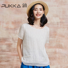 Pukka/蒲牌夏装新款原创设计大码女装刺绣短袖套头苎麻衬衫