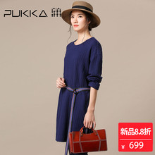 Pukka蒲牌针织棉系带长袖连衣裙女原创设计大码女装2018秋装新款图片