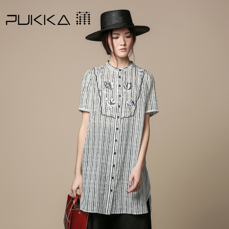 Pukka蒲牌苎麻绣花衬衫女条纹印花原创设计女装夏装2018新款女商品大图
