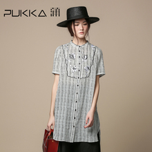 Pukka蒲牌苎麻绣花衬衫女条纹印花原创设计女装夏装2018新款女图片