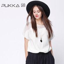 Pukka/蒲牌2018夏装新款商场同款原创设计女装刺绣真丝拼接棉衬衫图片