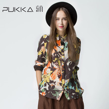 Pukka/蒲牌2018春装新款商场同款原创设计女装翻领亚麻印花衬衫图片
