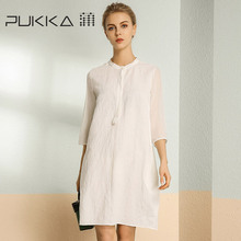 Pukka/蒲牌2018春夏装新款原创设计女装真丝拼接棉麻连衣裙图片