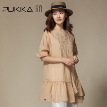 Pukka蒲牌苎麻绣花连衣裙女荷叶边原创设计女装夏装2018新款女图片