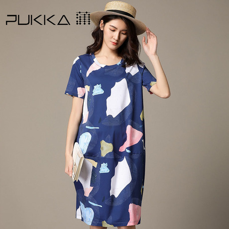 Pukka蒲牌印花全棉短袖连衣裙女原创设计大码女装夏装2018新款女商品大图