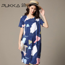 Pukka蒲牌印花全棉短袖连衣裙女原创设计大码女装夏装2018新款女图片