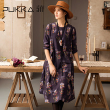 Pukka蒲牌真丝棉印花长袖连衣裙女原创设计女装秋装女2018新款图片