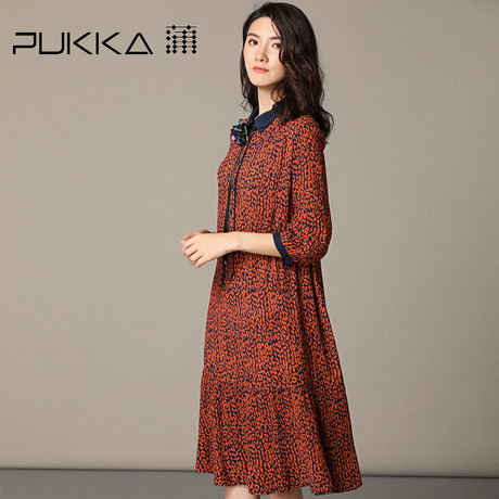 Pukka蒲牌印花七分袖连衣裙女原创设计大码女装2018秋装新款商品大图