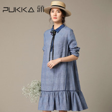 Pukka蒲牌拼接亚麻长袖连衣裙女原创设计大码女装2018秋装新款图片