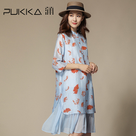 Pukka蒲牌棉麻印花连衣裙女拼接原创设计大码女装夏装2018新款女商品大图