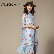 Pukka蒲牌棉麻印花连衣裙女拼接原创设计大码女装夏装2018新款女图片