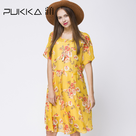 Pukka蒲牌真丝麻印花连衣裙女原创设计女装夏装新款女商品大图