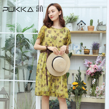 Pukka蒲牌天丝印花连衣裙女短袖系带原创设计女装夏装2018新款女图片