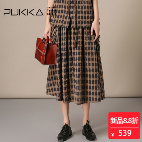 Pukka蒲牌全棉撞色格纹半身裙女原创设计大码女装2018秋装新款商品大图