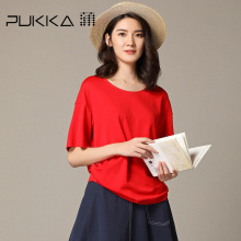 Pukka蒲牌圆领冰丝T恤女不对称原创设计大码女装2018秋装新款图片