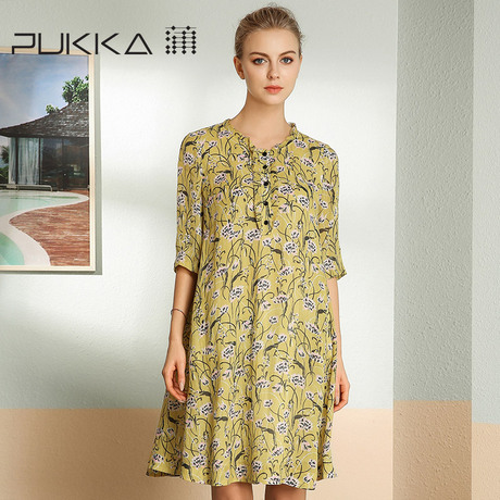 Pukka/蒲牌2018夏装新款原创设计女装中袖亚麻印花连衣裙商品大图