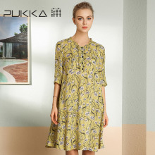 Pukka/蒲牌2018夏装新款原创设计女装中袖亚麻印花连衣裙图片
