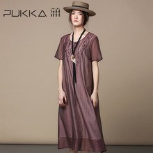 Pukka/蒲牌2018夏装新款原创设计女装圆领天丝绣花短袖连衣裙图片