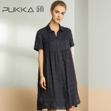 Pukka/蒲牌2018夏装新款原创设计棉麻女装格纹提花苎麻短袖连衣裙图片