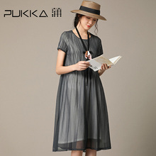 Pukka蒲牌冰丝短袖连衣裙女抽褶原创设计大码女装2018秋装新款图片