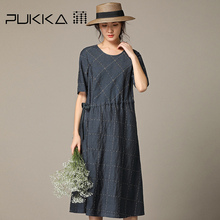 Pukka蒲牌格纹棉麻中袖连衣裙女原创设计大码女装2018秋装新款图片